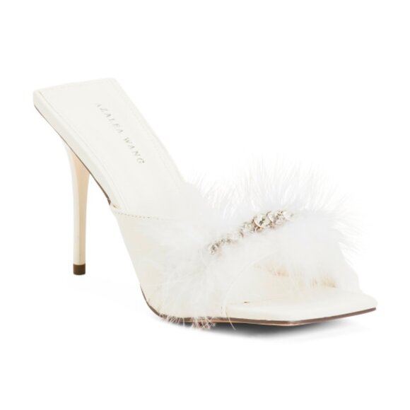 NEW AZALEA WANG Lulu Feather Mule Heeled Sandals for women in white 7252s1 - Picture 3 of 4